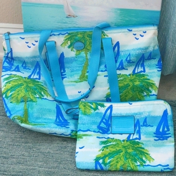 Coach Blue Nylon Purse Tote Beach Sailboat & Pouch - Picture 1 of 9